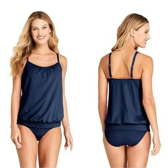 Land’s End Plus size blouson tummy hiding Tankini top navy Various Sizes - Picture 1 of 5